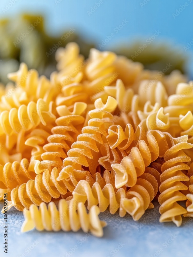 Close up of uncooked rotini pasta on blue surface in studio setting showcasing vibrant colors and texture Close up of uncooked rotini pasta on blue surface in studio setting showcasing vibrant colors and texture