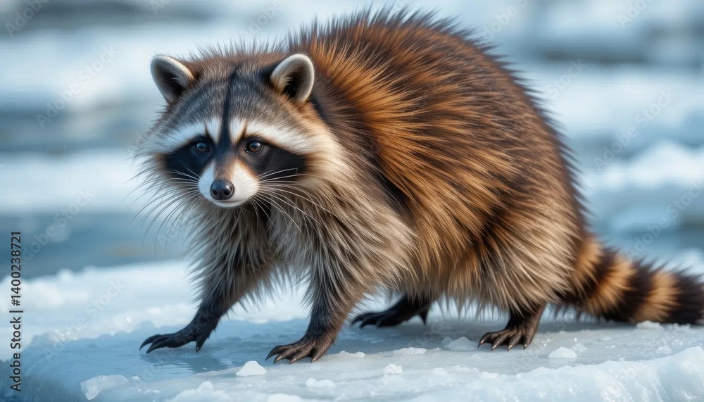 Naklejka premium Winter Raccoon on Icy Surface, Dense Fur, Close-up Portrait