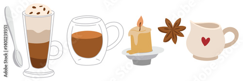 set of various cups with a coffee drink. Invigorating coffee, layered coffee drink, star anise, candle, cream. collection for a traditional and cozy pastime. warm drink. Flat vector color illustration