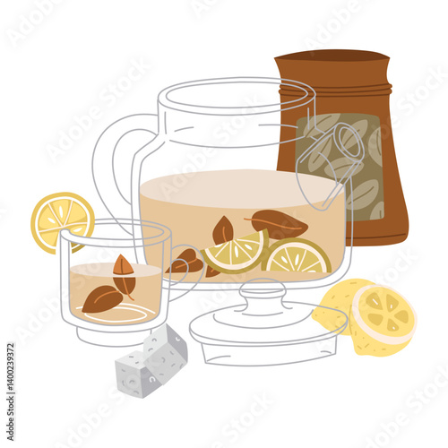 group of elements in theme of tea ceremony. It's time for the tea party. Vector illustrations of tea set with teapot, mug, tea bags, lemon, sugar cubes on white background. Items for cozy tea party