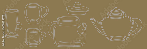 A set of transparent dishes. Transparent tableware teapots and cups. Doodle elements. Flat ordinary tea drinking utensils. Vector illustration for banner, advertisement, menu