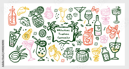 Whimsical Tropical Cocktails hand drawn vector set line art chalk and charcoal with summer drinks, fruits and cute doodles. Vibrant and fun collection for stickers, cards, prints, and design.