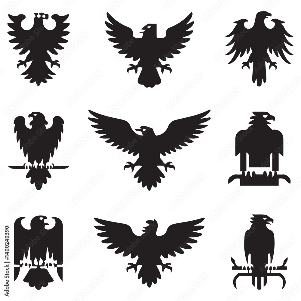 Obraz premium Heraldic eagles, falcons and hawks set Vector Black silhouettes. with white background