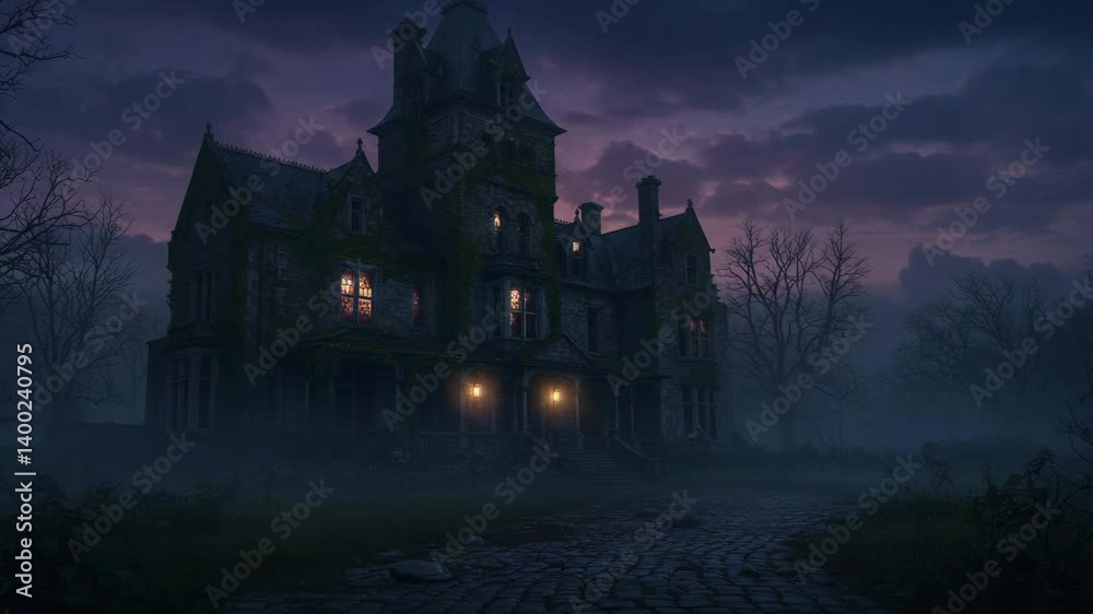 A haunting and mysterious gothic mansion at twilight. The large house is shrouded in fog with bare trees, creating an eerie atmosphere. A haunting and mysterious gothic mansion at twilight. The large house is shrouded in fog with bare trees, creating an eerie atmosphere.