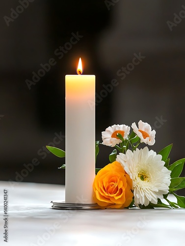 Lit candle with flowers, and remembrance.