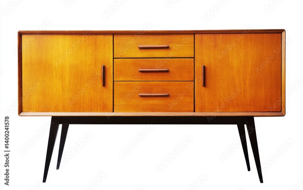 Mid-century modern sideboard with three drawers and two doors. Warm honey-colored wood panels with dark metal pulls and legs Mid-century modern sideboard with three drawers and two doors. Warm honey-colored wood panels with dark metal pulls and legs