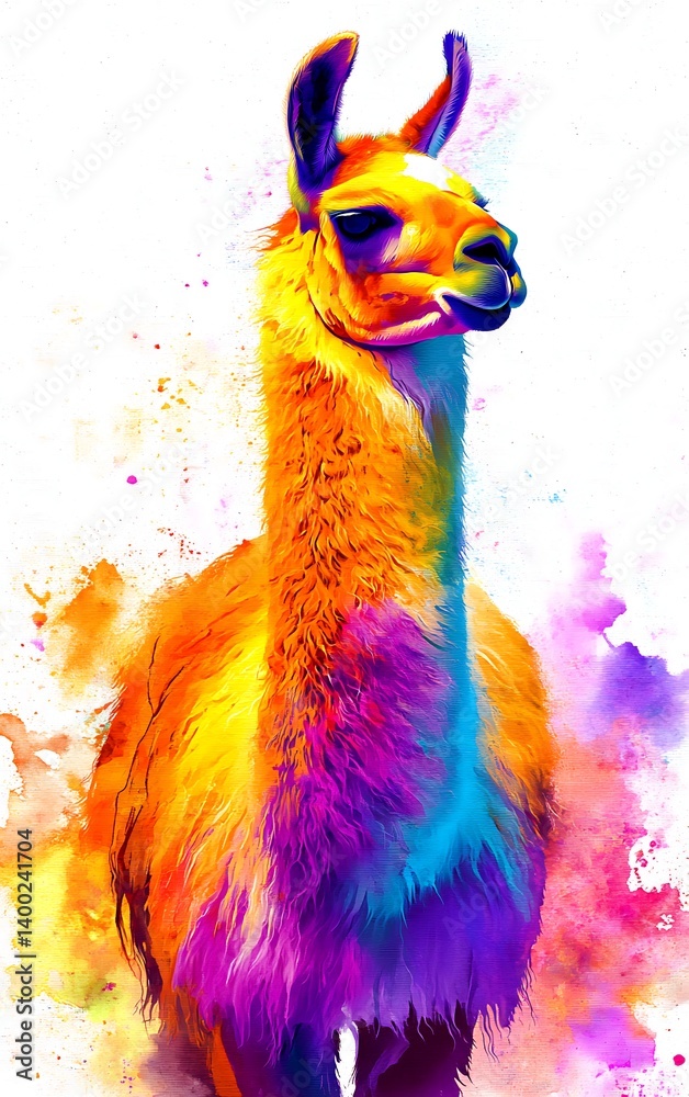 Obraz premium Vibrant Llama Illustration in Watercolor Style Against White Background