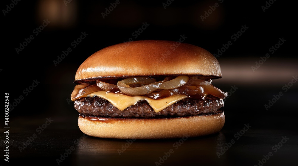 a realistic studio shot of a gourmet burger, with a wagyu beef patty