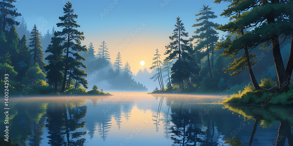 Obraz premium Tranquil Lake at Dawn with Golden Sunrise Reflections 