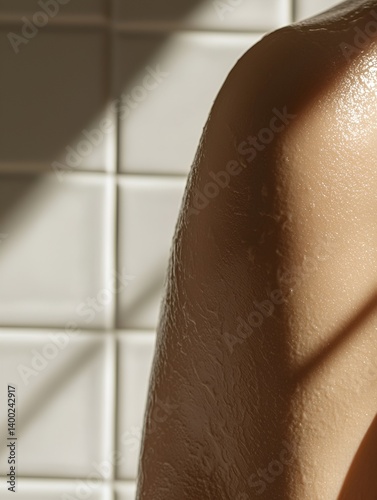 Close-up of a woman's wet shoulder and forearm against a white tile background with shadows from the sunlight.