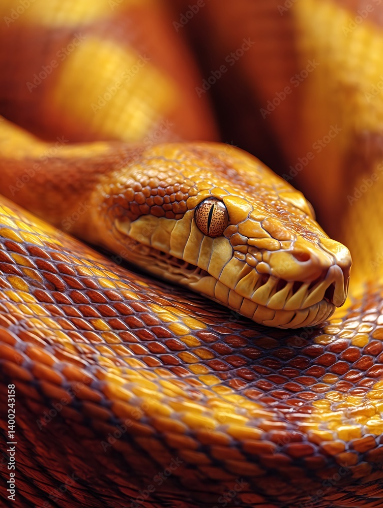 Fototapeta premium Close Up of Snake Head and Body with Orange and Yellow Scales