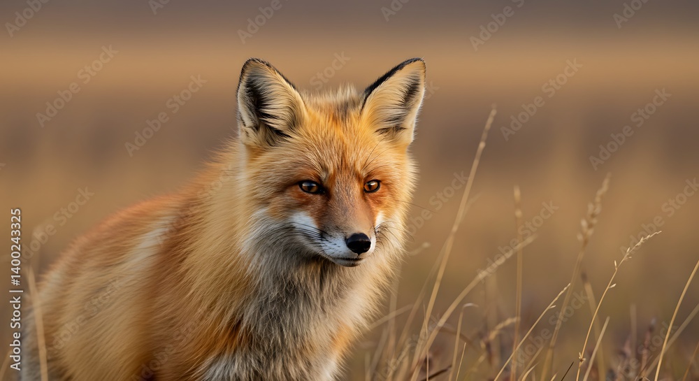 Fototapeta premium Golden Hour Fox In Prairie Grassland Red Fox Portrait Wildlife Photography Majestic Fox Sunset Meadow Serenity Wild Fox Stunning Nature Image Autumn Fox Serene Nature Scene AI Generated