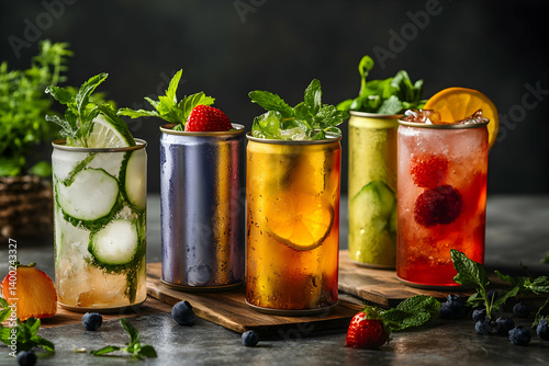 Assorted fruit drinks in colorful metal cans studio