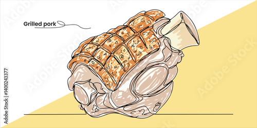 Grilled pork knuckle continuous single line art drawing sketch on white background