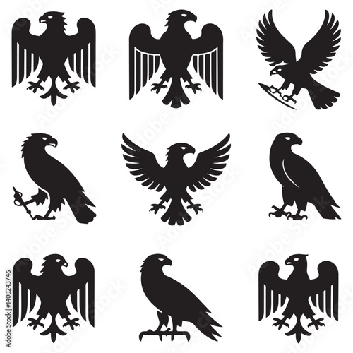 Heraldic eagles, falcons and hawks set Vector Black silhouettes. with white background