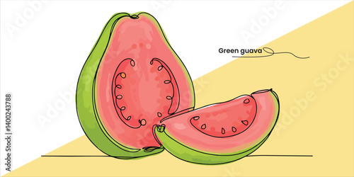 Green guava with pink flesh A fresh green guava with vibrant pink flesh inside, offering a visually striking combination and a burst of tropical flavor.

