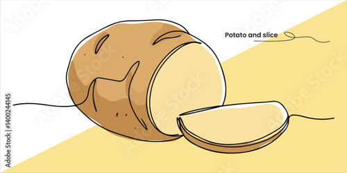 Potato and slice vector continuous single line art drawing sketch on white background