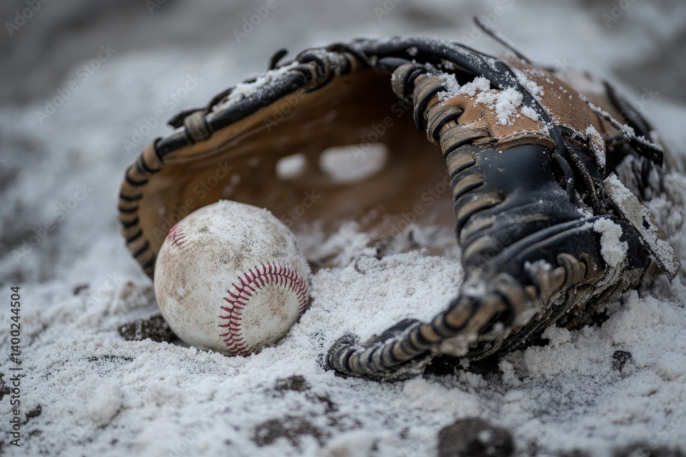 Obraz premium Baseball and Glove Covered in Snow Winter Sports Concept
