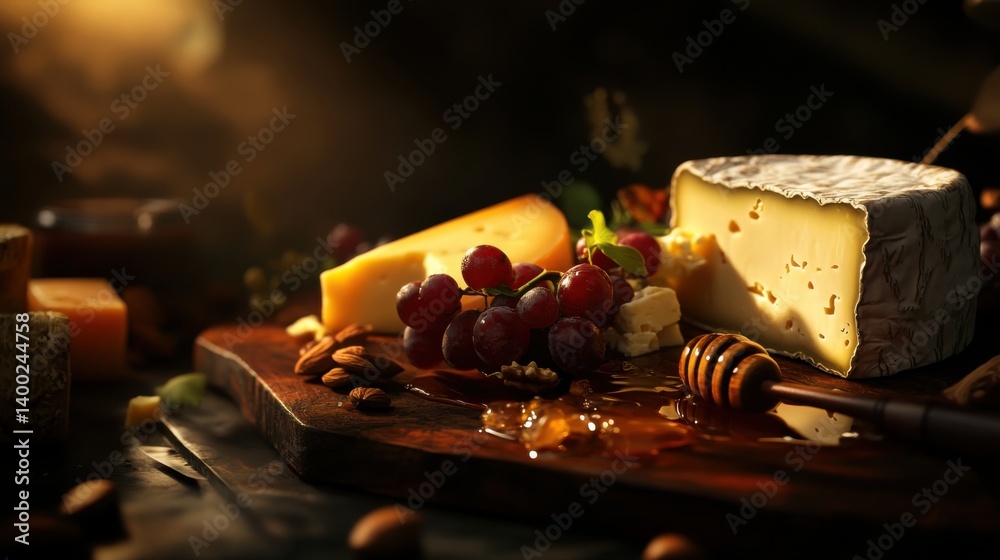 a realistic studio shot of a gourmet cheese board, with artisanal cheeses,