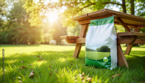 Fertilizer bag resting on grass in a sunny park setting  