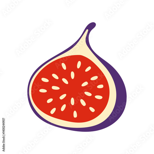 A red and purple fruit with a green stem. The fruit is cut in half and has a lot of seeds