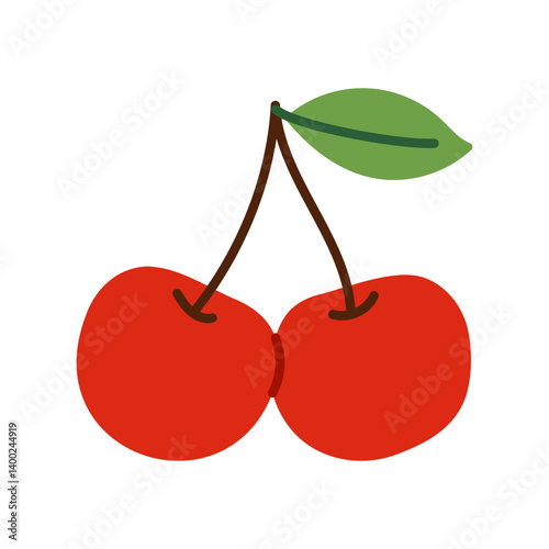A cartoon drawing of two cherries with a leaf on top. The cherries are red and the leaf is green