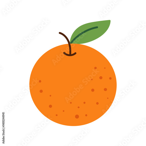 A cartoon orange with a green leaf on top. The orange is round and has a stem