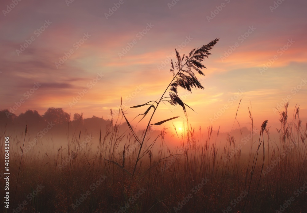 Obraz premium Tall Grass Silhouette Against a Foggy Field at Sunrise or Sunset