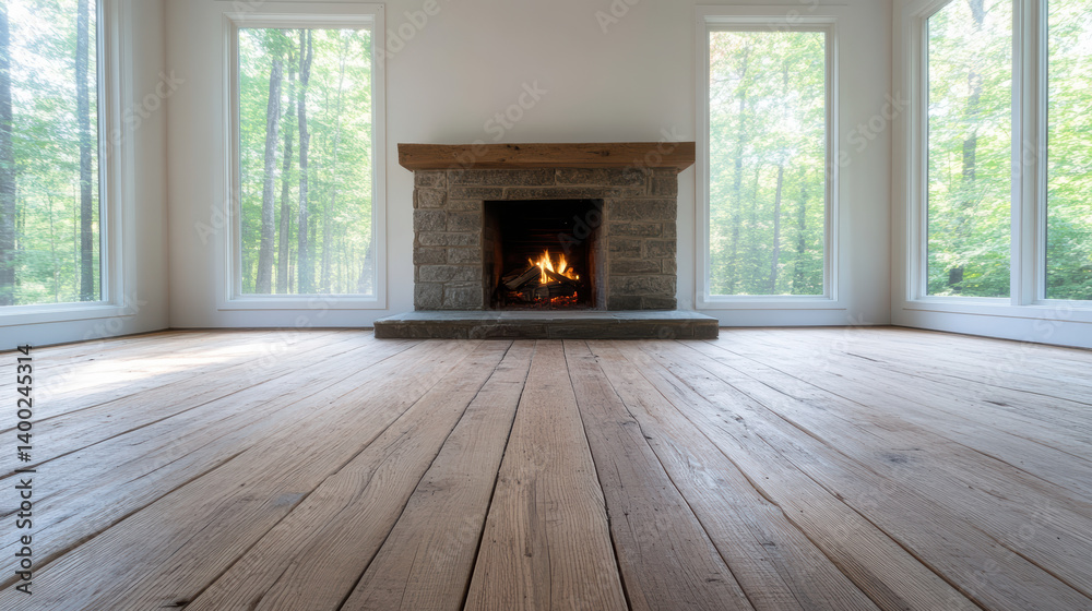 Fototapeta premium Cozy cabin interior with stone fireplace and large windows showcasing nature