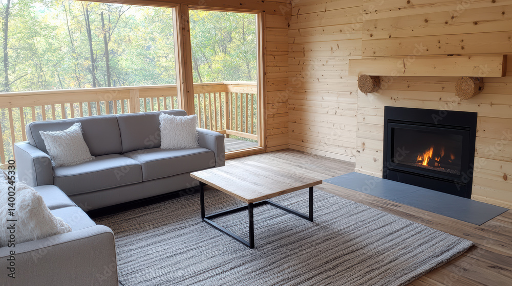 Fototapeta premium Cozy cabin living room with fireplace, large windows, and wooden walls, creating warm atmosphere