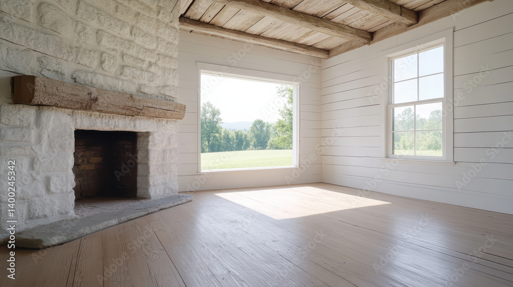 Naklejka premium Bright and airy interior with stone fireplace and large window showcasing nature outside