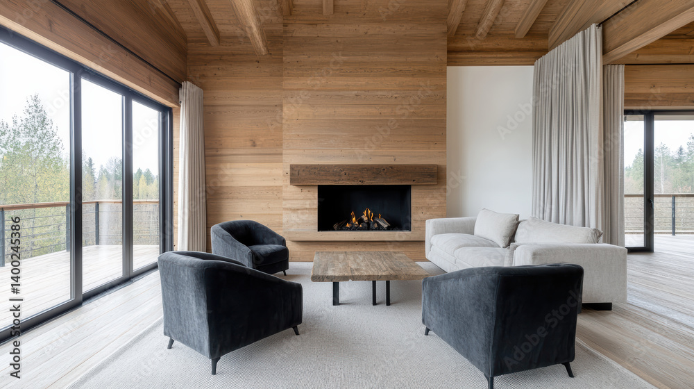 Fototapeta premium Cozy lounge area with modern furniture, featuring fireplace and large windows