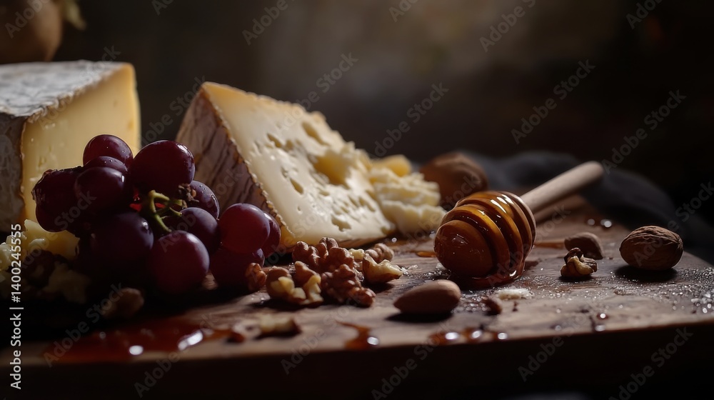 a realistic studio shot of a gourmet cheese board, with artisanal cheeses,
