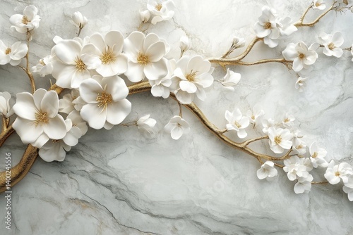 Elegant, 3D floral wall decor.  Blooming white flowers on gold branches, against a light marble backdrop