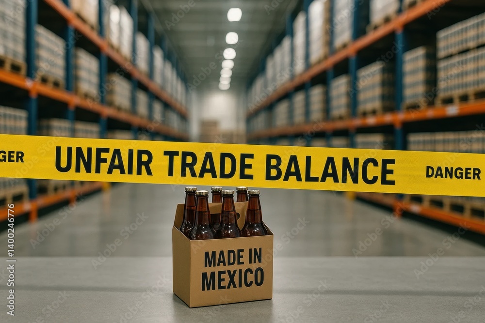 Mexican beer package blocked by caution tape labeled UNFAIR TRADE BALANCE in warehouse, symbolizing tariffs and trade friction.