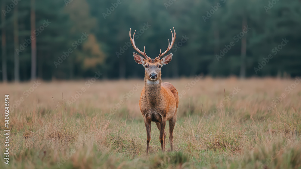 Majestic deer standing in serene meadow, surrounded by lush greenery and trees Majestic deer standing in serene meadow, surrounded by lush greenery and trees