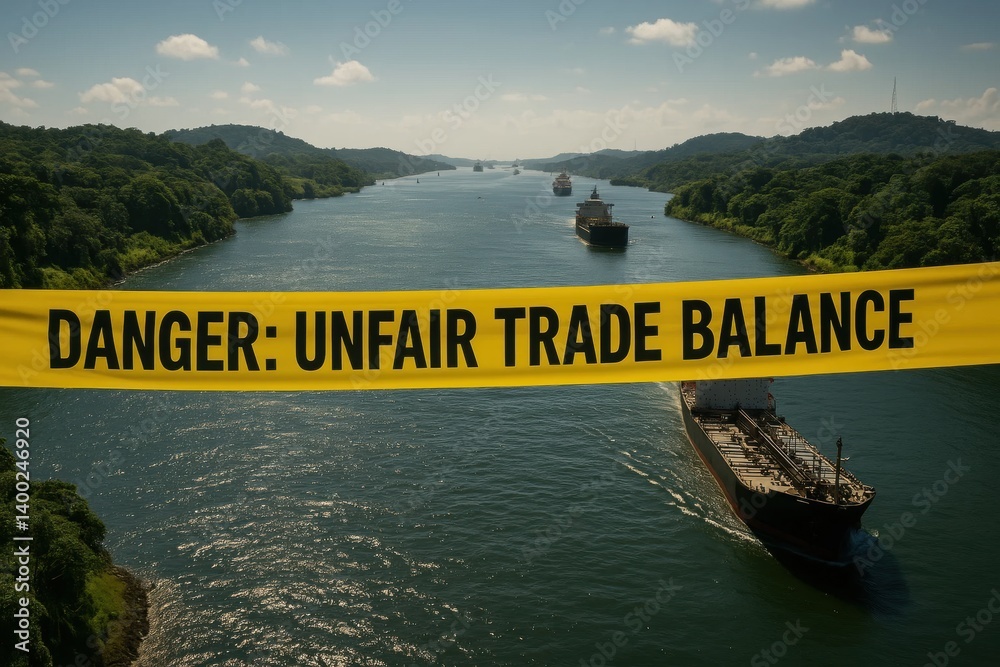Shipping lane with cargo vessels interrupted by warning tape DANGER: UNFAIR TRADE BALANCE, exposing global trade tensions. Concept of export control, sanctions, tariff wars, global commerce.
