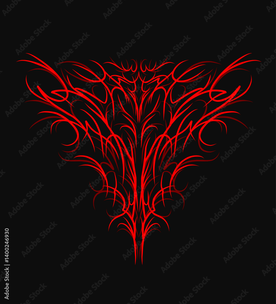 Abstract neo tribal vector design featuring sharp red symmetrical lines forming a triangular, aggressive ornamental symbol. Ideal for tattoo inspiration, dark artwork, apparel graphics Abstract neo tribal vector design featuring sharp red symmetrical lines forming a triangular, aggressive ornamental symbol. Ideal for tattoo inspiration, dark artwork, apparel graphics