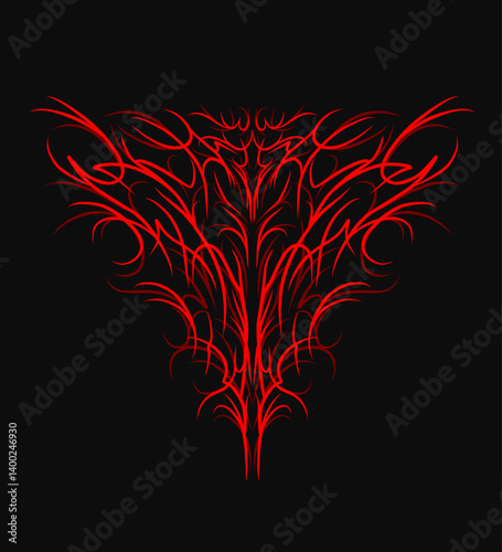 Abstract neo tribal vector design featuring sharp red symmetrical lines forming a triangular, aggressive ornamental symbol. Ideal for tattoo inspiration, dark artwork, apparel graphics