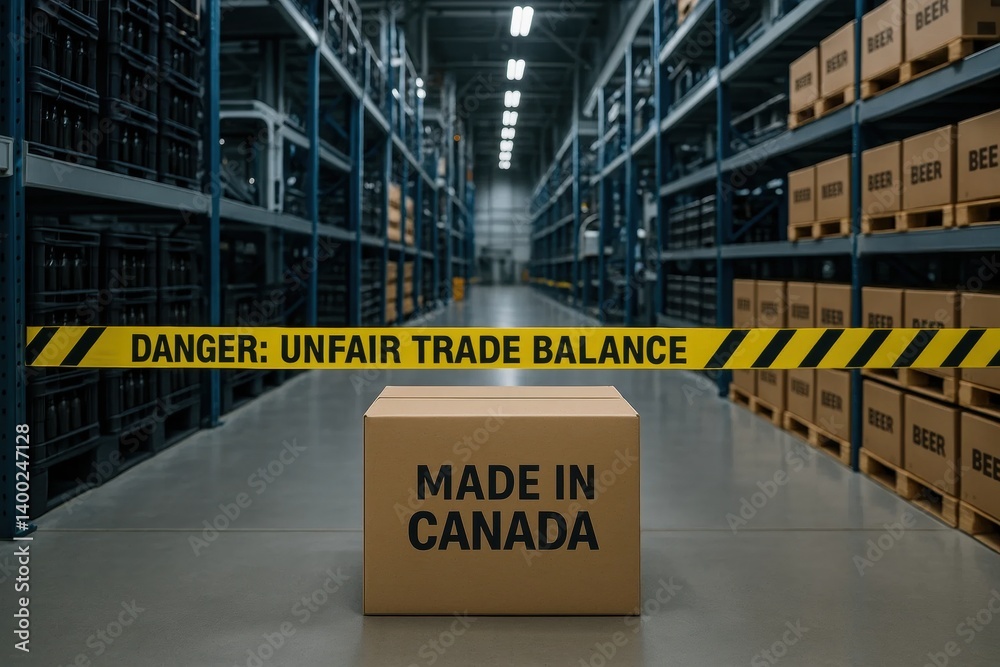 Canadian goods boxed and stopped behind yellow DANGER: UNFAIR TRADE BALANCE tape in warehouse, pointing to transatlantic supply conflicts. Concept of economic defense, import control, trade fight.