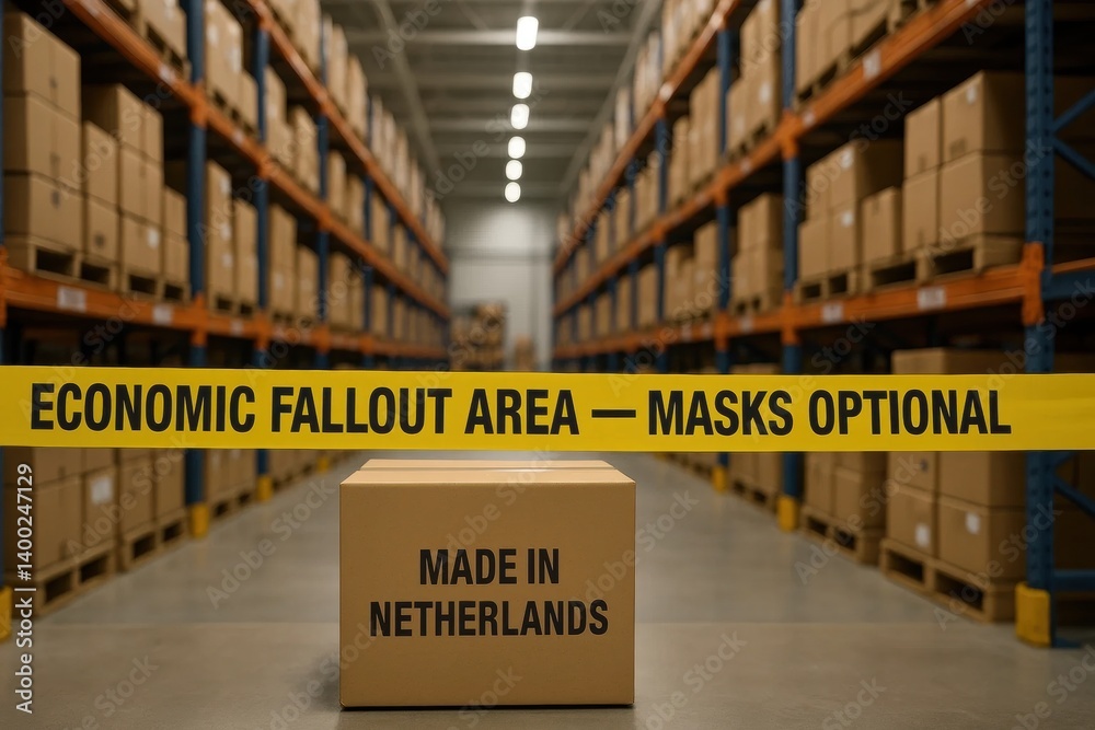 Dutch export box behind tape labeled ECONOMIC FALLOUT AREA — MASKS OPTIONAL, symbolizing recession fallout and foreign supply tension. Concept of EU import issues, economic stress, logistics crisis.
