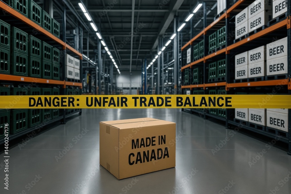 Canadian box in dark warehouse surrounded by beer crates, blocked by UNFAIR TRADE BALANCE tape, raising questions of fair access. Concept of export tension, logistics strain, border economics.