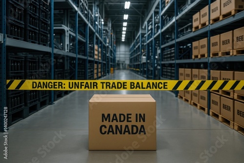 Obraz na płótnie Canadian goods boxed and stopped behind yellow DANGER: UNFAIR TRADE BALANCE tape in warehouse, pointing to transatlantic supply conflicts. Concept of economic defense, import control, trade fight. w salonie