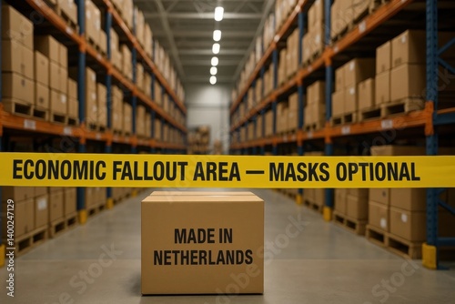Obraz na płótnie Dutch export box behind tape labeled ECONOMIC FALLOUT AREA — MASKS OPTIONAL, symbolizing recession fallout and foreign supply tension. Concept of EU import issues, economic stress, logistics crisis. w salonie