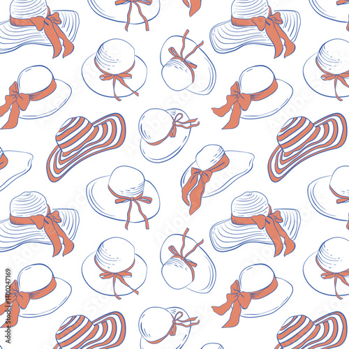 Nautical retro pattern of coquette vintage girly hats with bows. Hand drawn doodle background. Vector illustration for invitation, cover, scrapbooking, postcard or personal secret diary.
