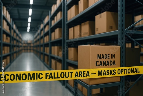 Obraz na płótnie Canadian export box sealed off by economic fallout tape in dim warehouse, visualizing sanctions and strained supplier relationships. Concept of trade restrictions, economic downturn, global impact. w salonie
