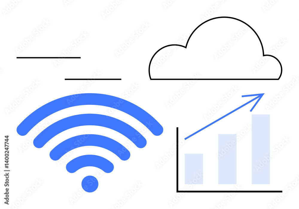 Cloud icon, wireless symbol, and bar chart with upward arrow. Ideal for technology, networking, data growth, analytics, digital transformation cloud computing and innovation. Flat simple metaphor Cloud icon, wireless symbol, and bar chart with upward arrow. Ideal for technology, networking, data growth, analytics, digital transformation cloud computing and innovation. Flat simple metaphor