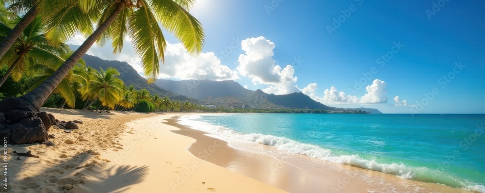 Fototapeta premium Sun-drenched Waikiki Beach, Diamond Head backdrop, beach, daytime