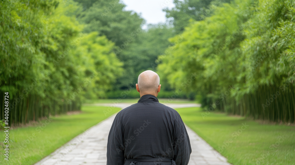serene figure walks through tranquil bamboo grove, embodying peace and mindfulness serene figure walks through tranquil bamboo grove, embodying peace and mindfulness