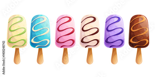 A set of iced ice cream on a stick on a white background. The concept of confectionery, baking, cooking. Isolated vector illustration for menu design, posters, banners, covers